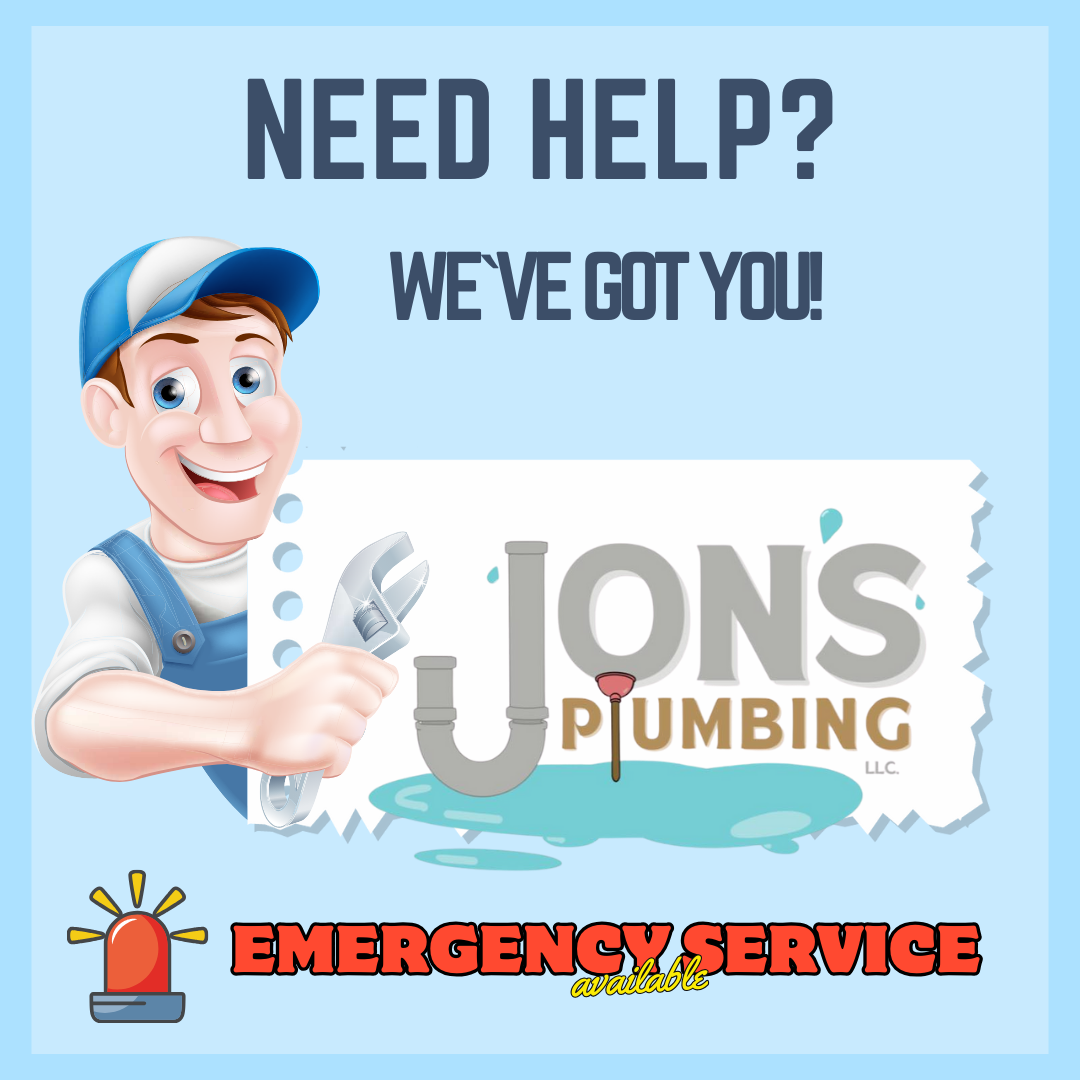 Jon's Emerbency Cartoon plumber holding a wrench next to the Jon’s Plumbing LLC logo, with text reading “Need Help? We’ve Got You!” and a red emergency light icon below stating “Emergency Service Available.” Blue background with water droplets for a playful, approachable feel.